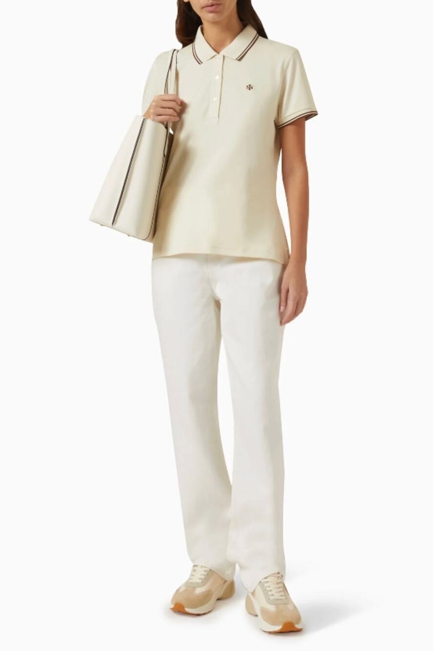 Tory Burch Classic Tech Pique Polo Shirt in Sesame Cream size S small
